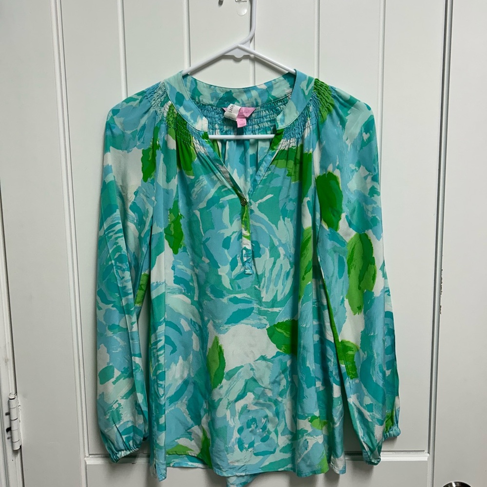 Floral Green and Blue Women's silk Top